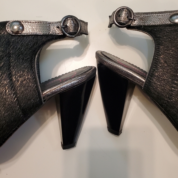 Chanii B 39 Heels Honey Black Platinum open toe sandal Strappy Military Silver - Picture 5 of 16